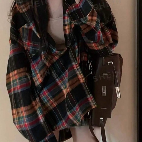 Women's Plaid Loose Fit Drop Shoulder Long Sleeve Casual - Picture 2 of 3